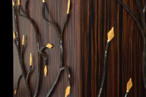 Close up of the Small Ebony Leaves Sideboard, by Garouste Bonetti