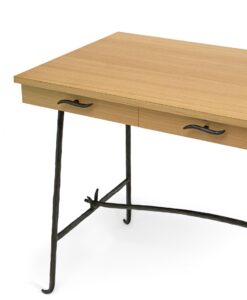 Close-up of the Asturias desk by Garouste and Bonetti, 2025, light wood top and dark brown wrought iron legs