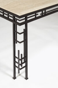 Close up of the leg of the Manhattan table with a marble top, minimalist table design by Mattia Bonetti, 2025